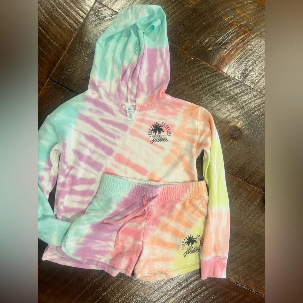 Justice Tie-Dye Hoodie Pajama Short Set - Pink, Purple, Green